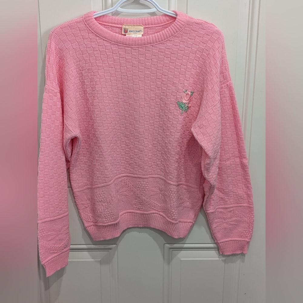 3/$50 Knitcraft Knitted Basket Weave Pink Sweater Made In Canada Vintage 90's